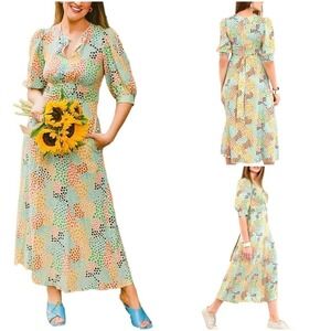 Closet London Beige Keyhole Front Short Puff Sleeve Dot Print Midi Dress Size 6